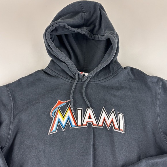 Majestic Miami Marlins Hoodie Men Large Fleece Pullover Sweatshirt Black - Picture 2 of 8